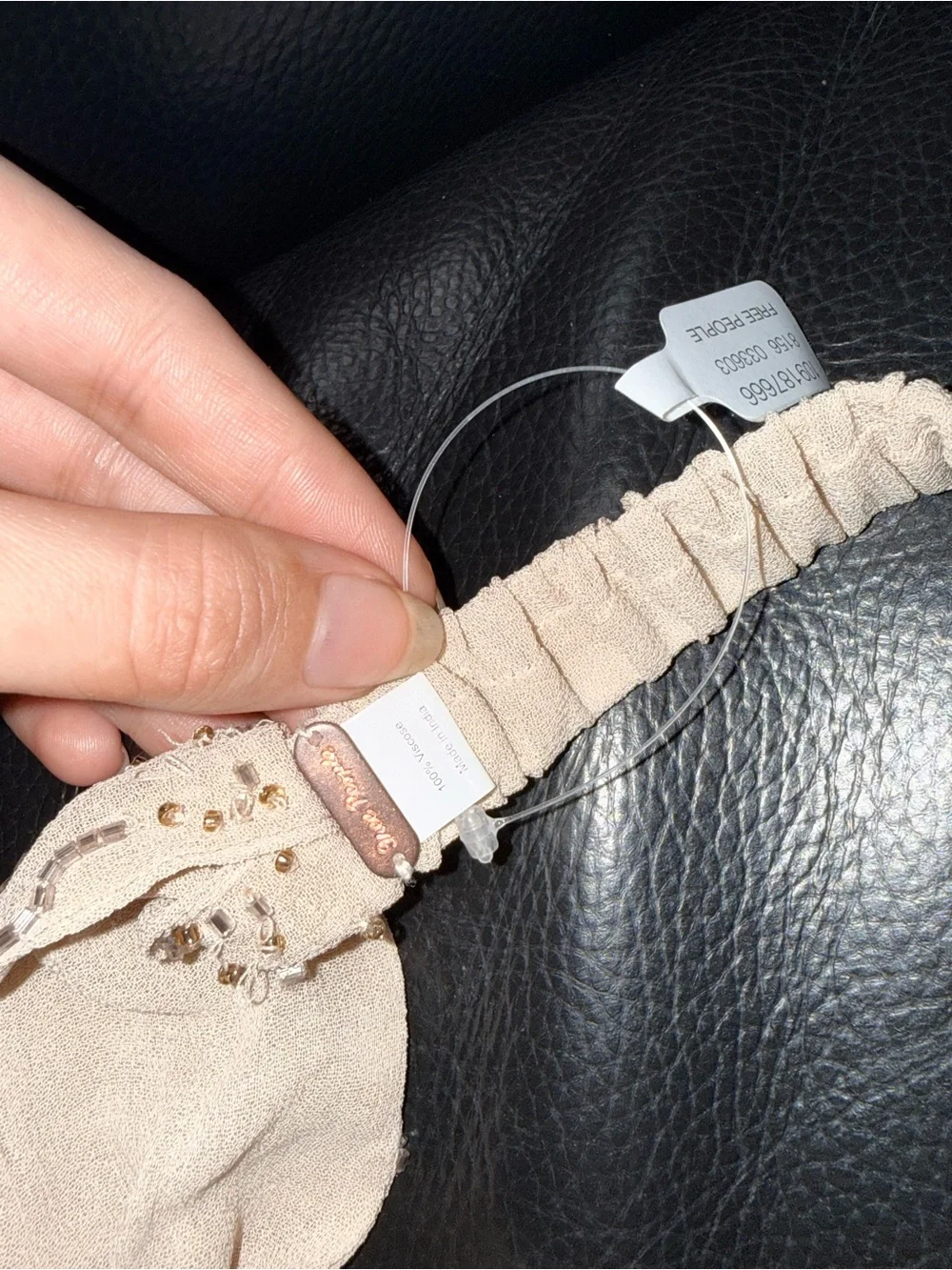 Free People Beaded Cream Elastic Headband with Gold and Silver Embellishments